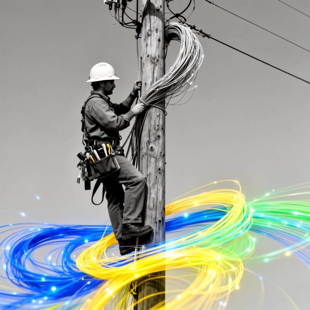 Clear Source lineman climbing a utility pole with fiber cables