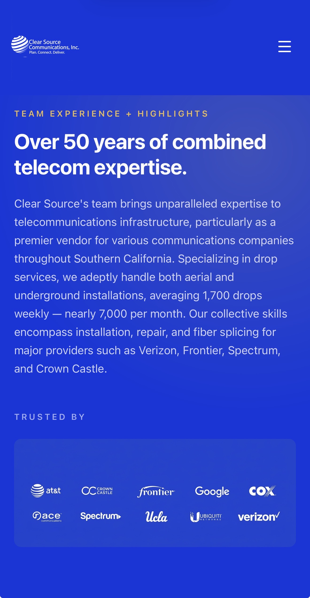 AT&T, Crown Castle, Frontier, Google, Cox, Race Communications, Spectrum, UCLA, Ubiquiti Networks, and Verizon